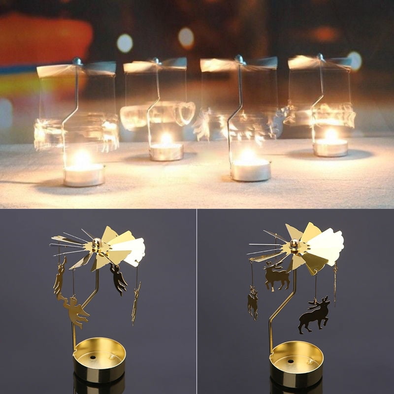 Christmas Rotating Carousel Candle Holder Tealight Candlestick Lamp Case Elf 