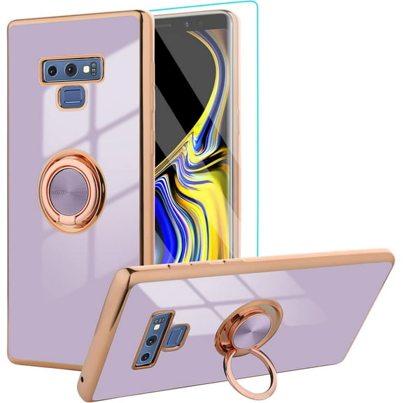 for Samsung Galaxy Note 9 Case with 360° Rotation Magnetic Ring Kickstand Holder,Shiny Plating Gold Edge Soft Slim Shockproof  Screen Protector Protective Cover for Women Girls(Purple)