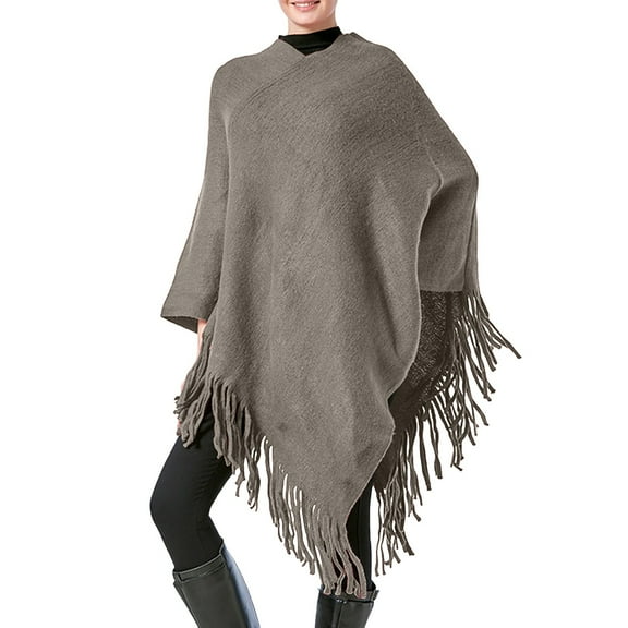 UJNDER Women Poncho Sweater V Neck Solid Knit Pullover Cape Lightweight Shawl Elegant Wrap with Fringes Coffee