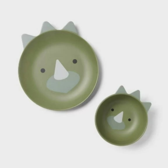 Kids' 2pc Bamboo and Melamine Dino Dinnerware Set Green -