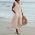 thumbnail image 1 of Robe d'Été Ample Décontractée Patchwork Coton Lin Poches Col en V Style Plage Robe Sans Manches Vintage Club Midi Unie Robe Femme, 1 of 5