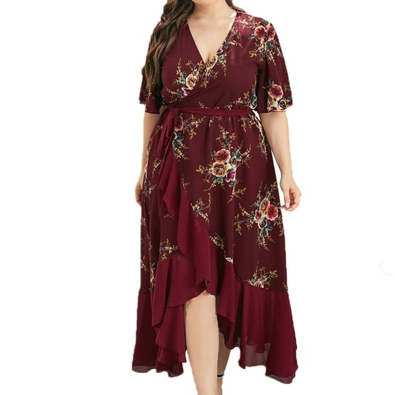 IROINNID Wedding Guest Dresses for Women Evening Night Party Dress Print Plus Size V-neck Ventilate Sexuality Float Dress Elegant Formal Dress,Burgundy