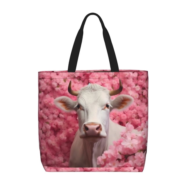 Fotbe Flower White Cow Bolsa Tote con Estampado para Mujer, Bolsos con Cremallera, Bolsa de Hombro Casual de Gran Capacidad con Bolsillos Internos