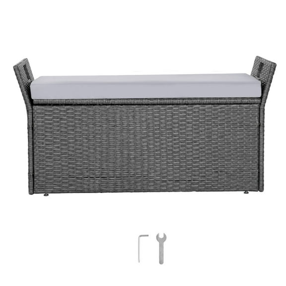 KFFKFF Outdoor Storage Bench, 2-Person PE Rattan Bench with 40 Gal Storage, Cushion & Side Handles, Supports 400 lbs, Weather-Resistant Seating for Patio, Garden, or Balcony