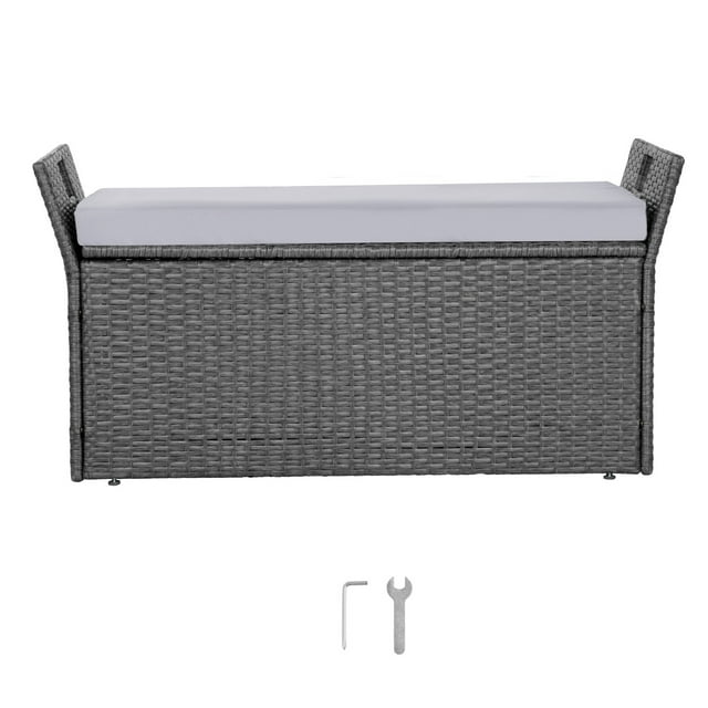 KFFKFF Outdoor Storage Bench, 2-Person PE Rattan Storage Bench, 40 Gal Deck Box with Cushion & Side Handle, Supports up to 400 lbs, Weatherproof Outdoor Seating & Porch Decor
