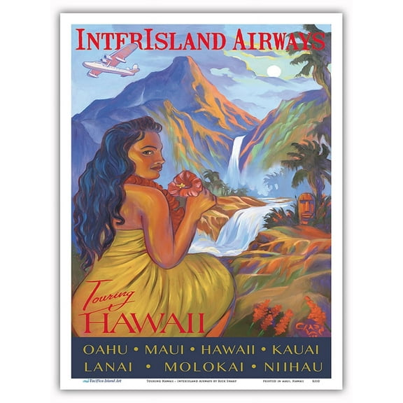 Touring Hawaii - InterIsland Airways - Hawaiian Hula Girl - Oahu Maui Kauai - Vintage Airline Travel Poster by Rick Sharp - Master Art Print (Unframed) 9in x 12in