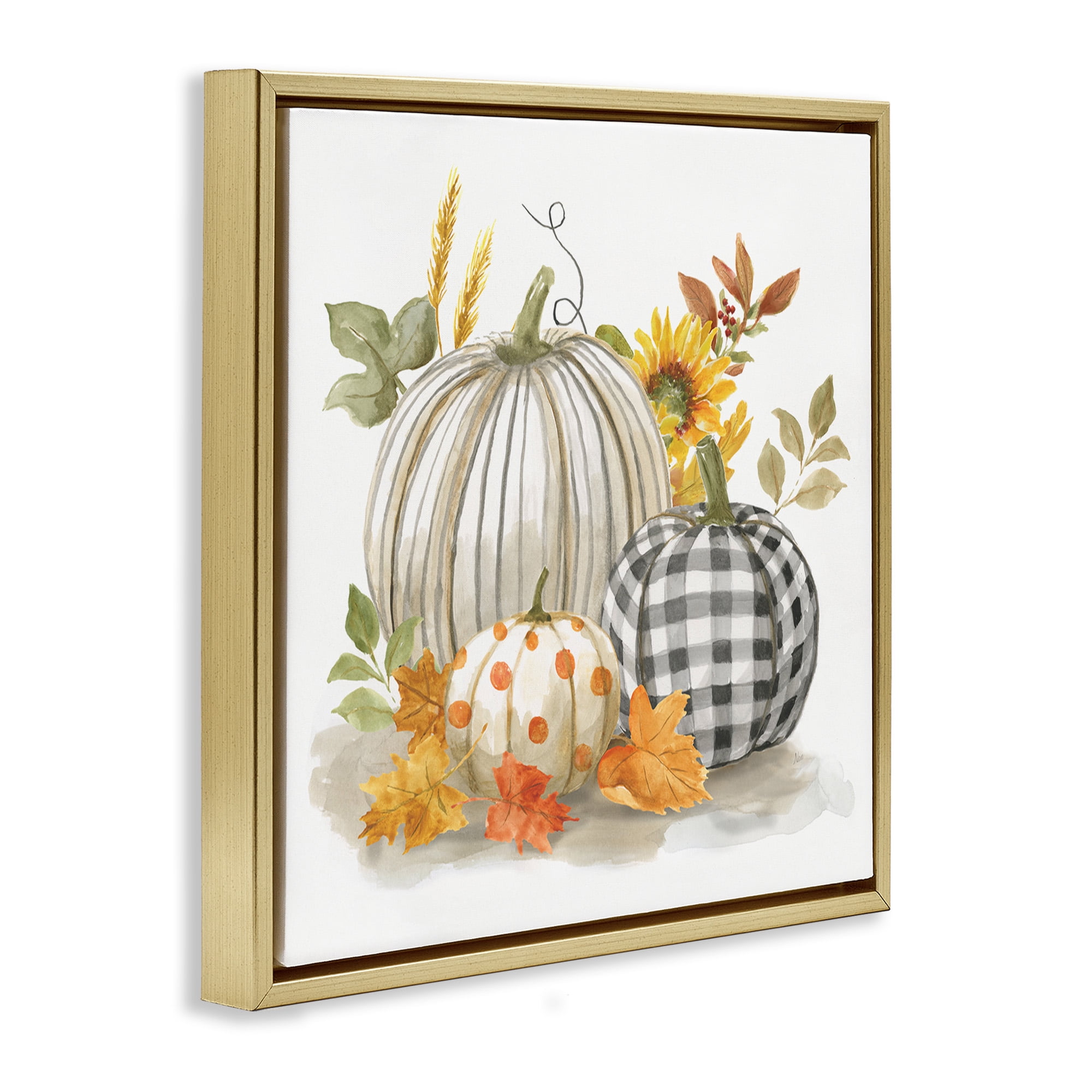 Stupell Industries Patterned Pumpkins Autumn Harvest Botanical & Floral Painting Gold Floater Framed Canvas Art Print Wall Art, 18 x 18
