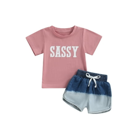

TheFound Summer Kids Baby Girls Clothes 2pcs Letter Short Sleeve T Shirts+Denim Tie-Dye Printed Shorts Sets