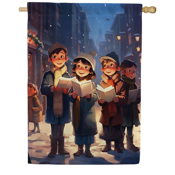 America Forever Christmas Carolers House Flag, 28 x 40 inch Double Sided, Young Singers Banner, Snowy Street Scene Outdoor Decor, Holiday Outside Decorations Yard Flag