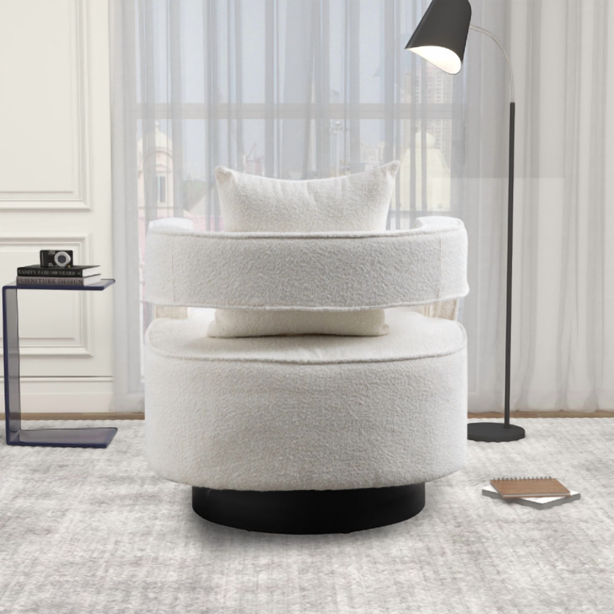 Leumius Swivel Accent Chair with Open Back,Modern Single Sofa Chair With Weathered Base for Nursery Bedroom Living Room Hotel Office, Club Chair Leisure Arm Chair for Lounge,Ivory Boucle