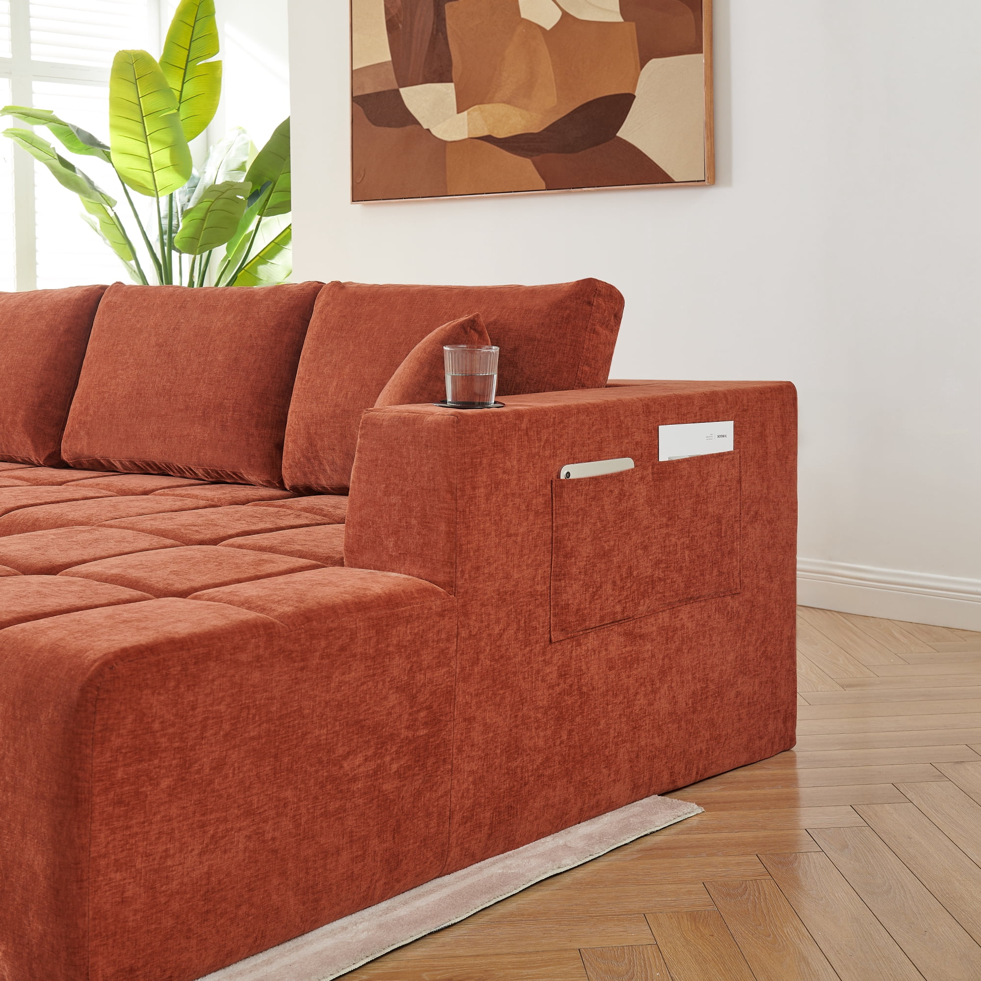 Leumius 132" U-Shaped Chenille Sofa, Cloud Style Boneless Sofa with Lounges, Modern Upholstered Couch with Cup Holders & Side Pockets, Compression Sofa for Living Room, No Assembly Required, Orange