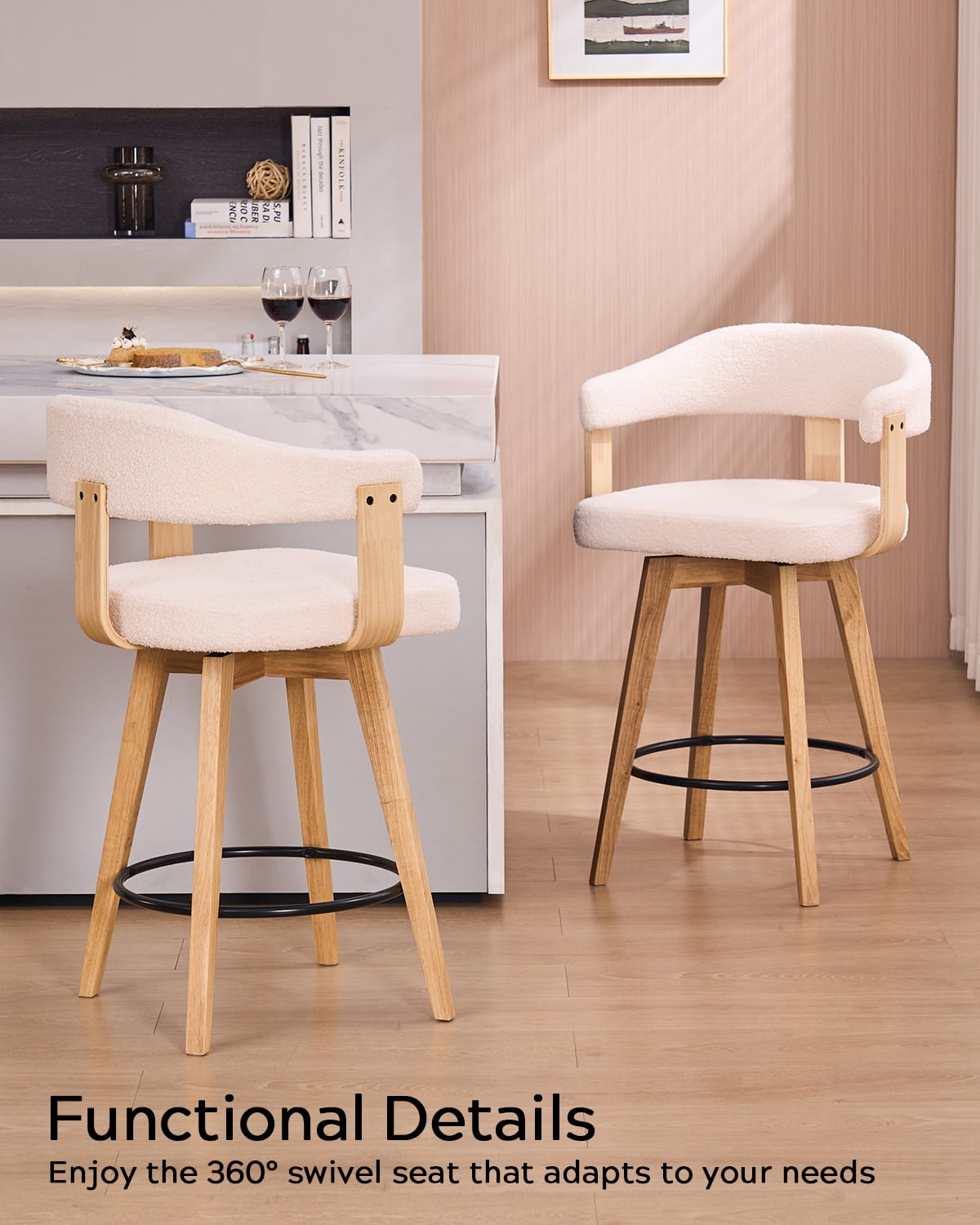EYYTHUNG Swivel Boucle Barstool Set of 2, Mid Century Modern Dining Chairs with Arms and Wood Legs, Upholstered Kitchen Chairs, White and Natural Oak