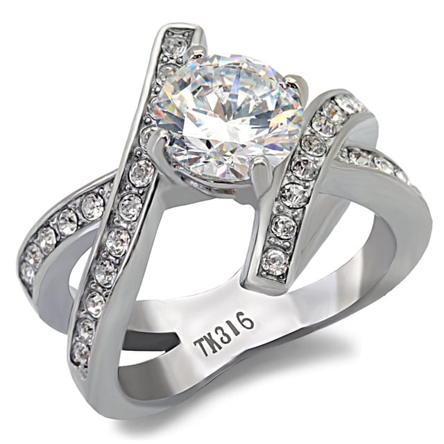 High polished (no plating) Stainless Steel Ring with AAA Grade CZ in Clear for Women Clear Stone Color Style TK169 Size 10
