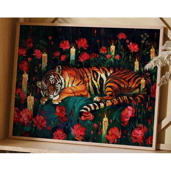 Tiger Floral Print Maximalist Wall Art Eclectic Home Decor, Bedroom Wall Art Floral Home Decor, Apartment Decor Aesthetic Wall Art Trendy Wall Art, Modern Wall Decor, 8x12 UNFRAMED