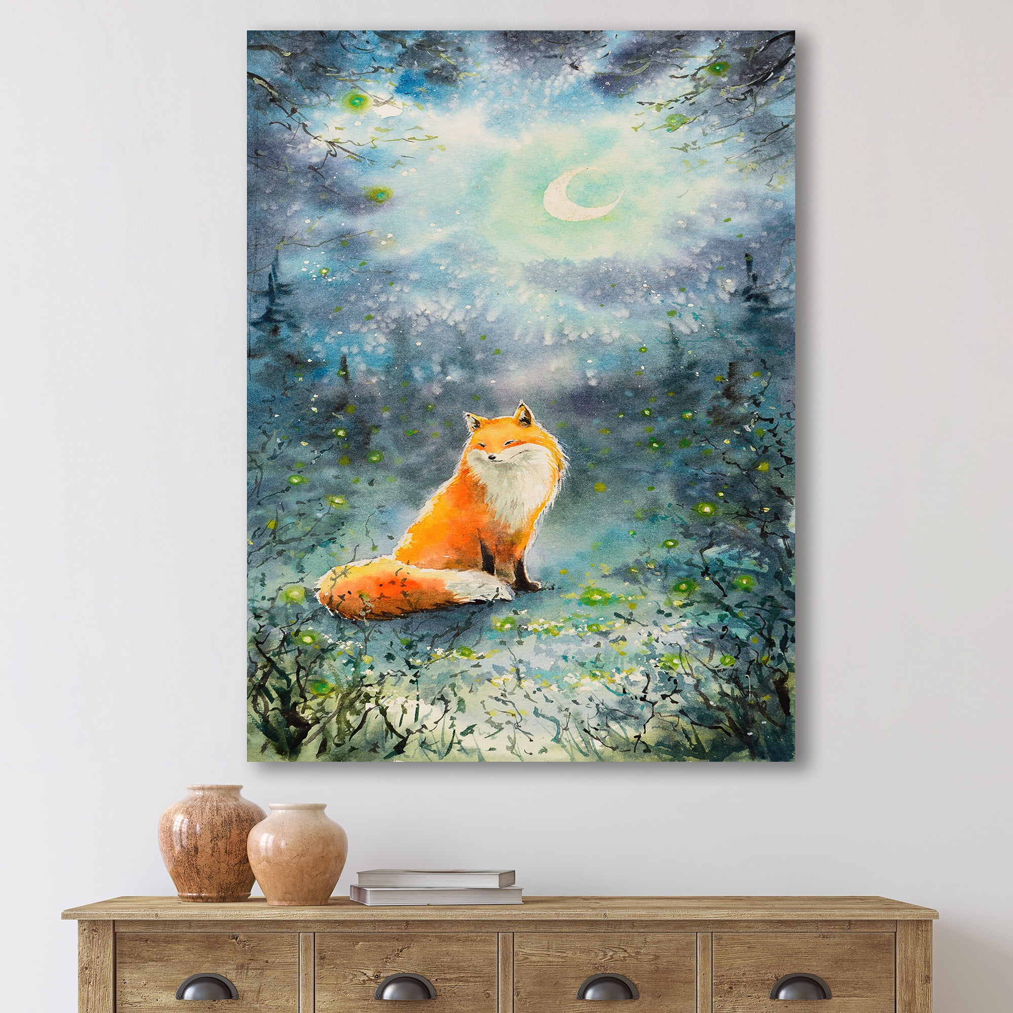 Fox Over A Night Sky With Moon 8 in x 12 in Painting Canvas Art Print, by Designart