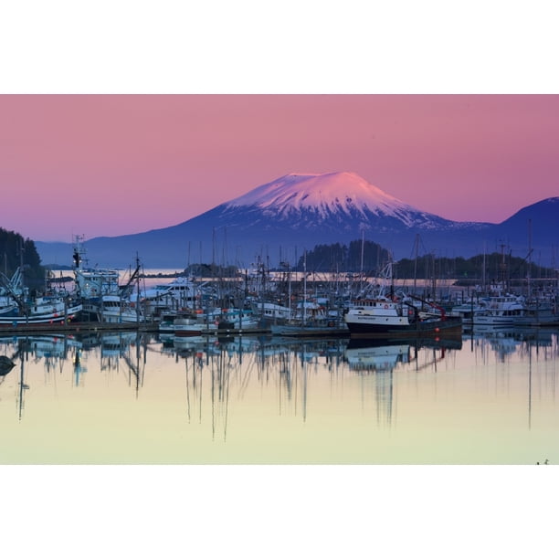 Alpenglow Sunrise On Mt Edgecumbe And The Small Boat Harbor In Sitka alpenglow-sunrise-on-mt-edgecumbe-and-the-small-boat-harbor-in-sitka