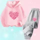thumbnail image 2 of Conjunto de 2 piezas de sudadera con capucha y pantalones informales para niñas, trajes deportivos para adolescentes, conjuntos de estilo coreano para niños, conjuntos de ropa para bebés bonitos, 2 of 5