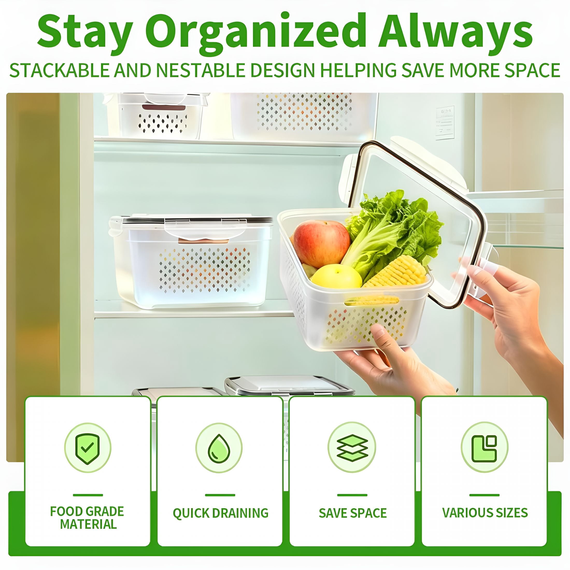 ACDANC 5-Pack Large Fruit Storage Containers for Fridge with Removable Colander,2 in 1 Produce Storage Containers,Bpa-Free Fridge Organizers and Storage Keep Fruits,Vegetables