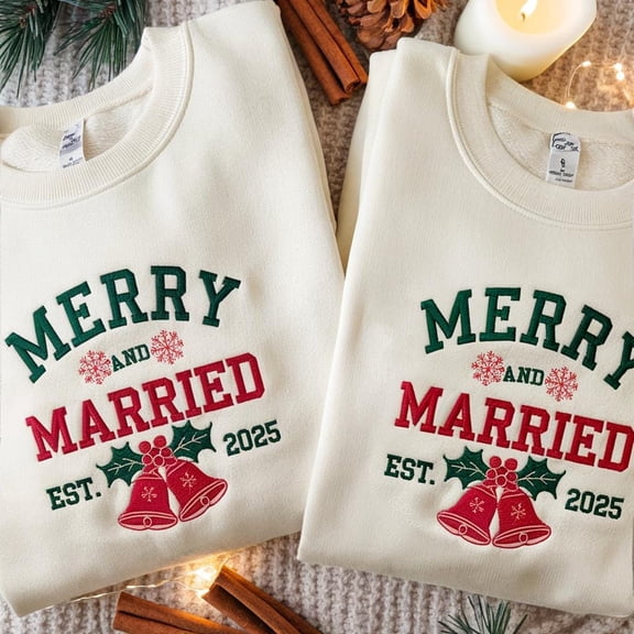 EMBROIDERED Merry And Married Holiday Shirt, Couples Christmas Shirt, First Christmas As Mr And Mrs Shirt, Newlywed Shirt, Custom Couple Tee