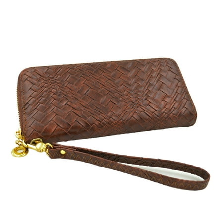 Face Brown Leather Band - Premium Interlace Pleated PU Leather Zip Around Wallet Wristlet