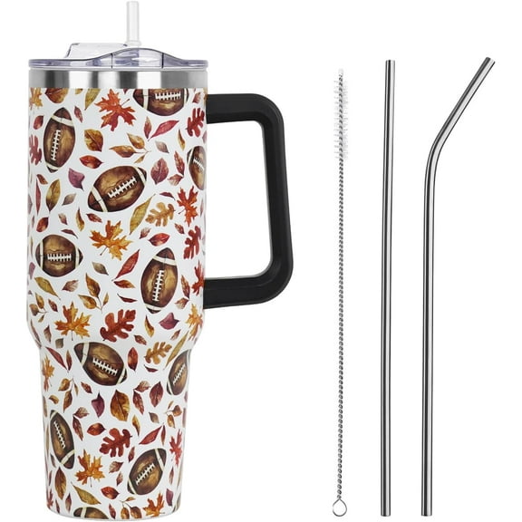 40oz Fall Tumbler with Lid & Straw - Insulated Stainless Steel Coffee Cup, Leak-Proof Vacuum Design, Autumn Maple Leaves Football Theme, Farmhouse Cute Gift for Women & Girls