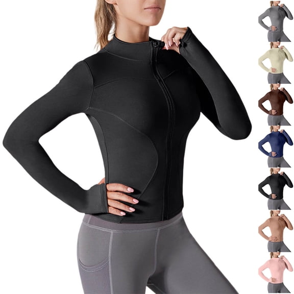 Goodtrade8 Zip up Sports Jacket Yoga Sun-protective Oversized Coats for Women High Neck Long Sleeve Plain Casual Women's Tops