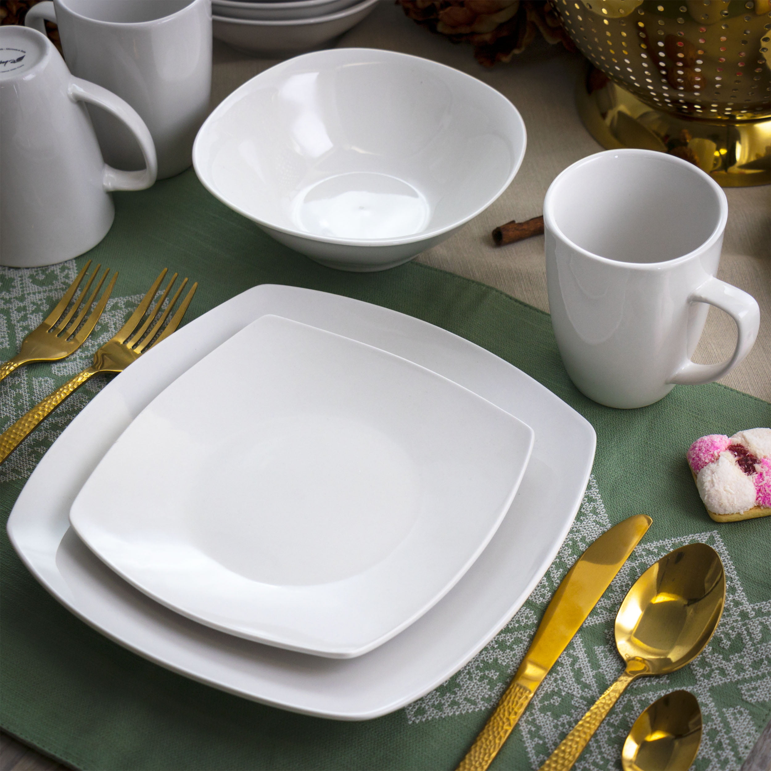 Elama Bishop 16 Piece Soft Square Porcelain Dinnerware Set in White