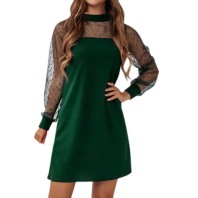 Vestido de color sólido para mujer de moda Perspectiva de malla transparente Vestidos de cuello alto de manga larga Pompotops hdfakjf2200