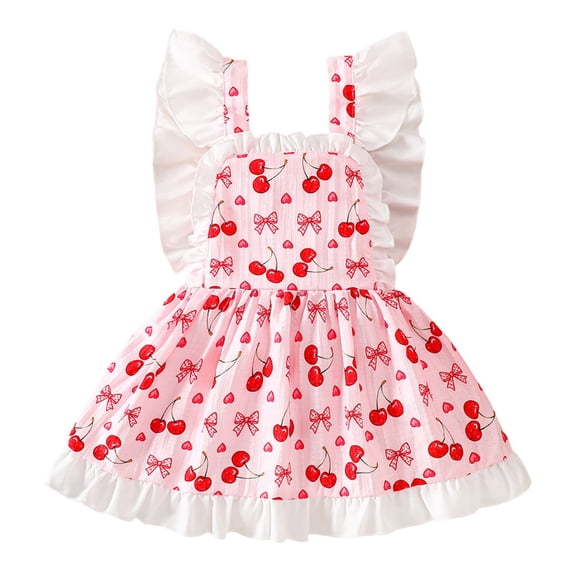 FINALGANG Girls Dress Toddler Flutter Sleeves Cherry Print Ruffled Dress With Bow Decor Lightweight Summer Sundress For Casual Daily Wear