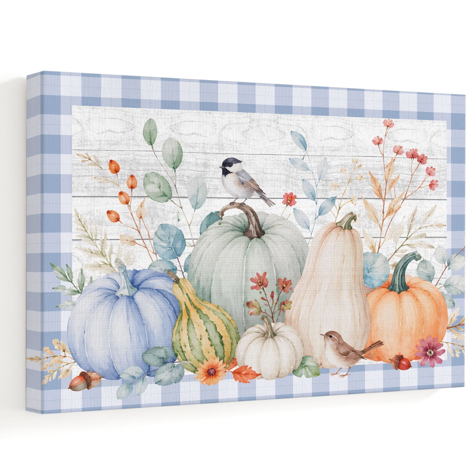 Thanksgiving Canvas Wall Art Rustic Fall Green White Pumpkin Wood Grain Blue Grid Wall Art Prints Artwork Framed Canvas Ready to Hang Art Pictures for Bedroom Living Room Closet Kitchen 16 x 12