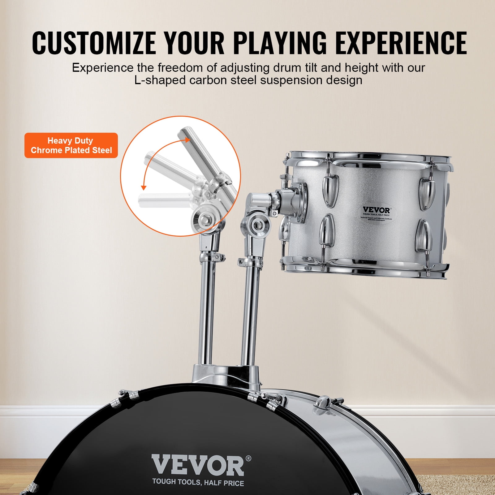 VEVOR Adult Drum Set, 5-Piece,22 inches Complete Full Size Drum Kit with Bass Toms Snare Floor Drum Adjustable Throne Stands Cymbal Hi-Hat Pedal and Drumsticks, Silver