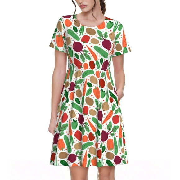 Vsdgher Vegetables for Womens Summer 2025 Casual Midi Maxi Dresses Lightweight Short Sleeve Round Neck Beach Dress