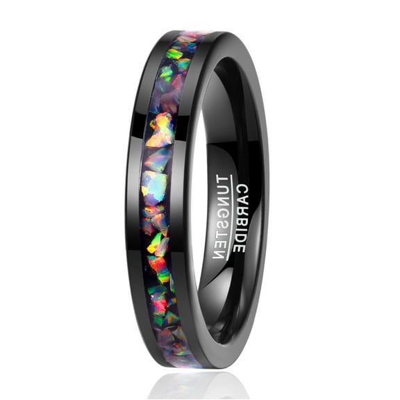 4mm Unisex Black Tungsten Rings Inlaid with Crushed Created-Opal Wedding Engagement Band