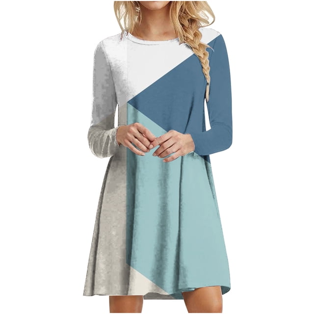 Robes d'Automne pour Femmes Col Rond Bloc de Couleur Robe à Manches Longues Décontractée Ample Tunique Évasée Mini Robes