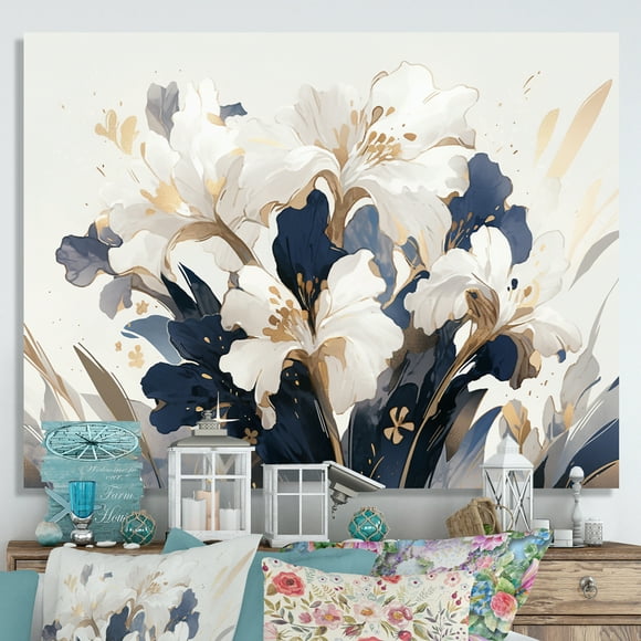 Designart Floral Wall Art, Gold White Iris Impressions Flower Luminous Petals , Floral Wall art decor, Gold Traditional Canvas wall art, 40x30 inches