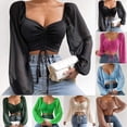 thumbnail image 5 of Women Tops Puff Sleeve Close-Fitting Drawstring V-Neck Hot Tee Shirts, 5 of 9