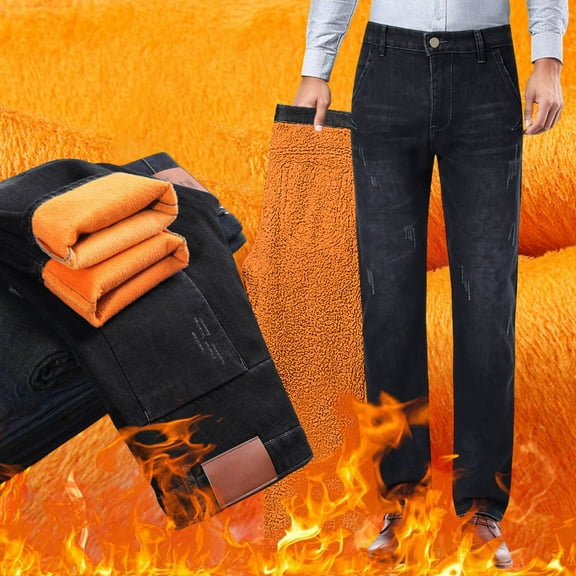 MHFRRA Boot Cut Jeans for Man Men's Autumn and Winter Thickened Lined Straight Leg Casual Style Denim Trousers Size 36