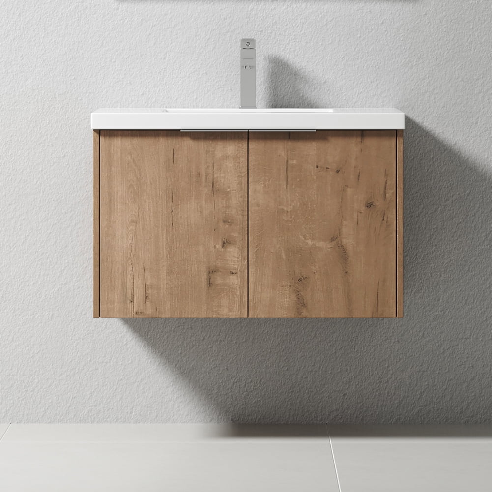 Kepooman 2 Doors Floating Wall Mounted Bathroom Vanity with Sink for Bathroom, Imitative Oak, 29 in x 18 in