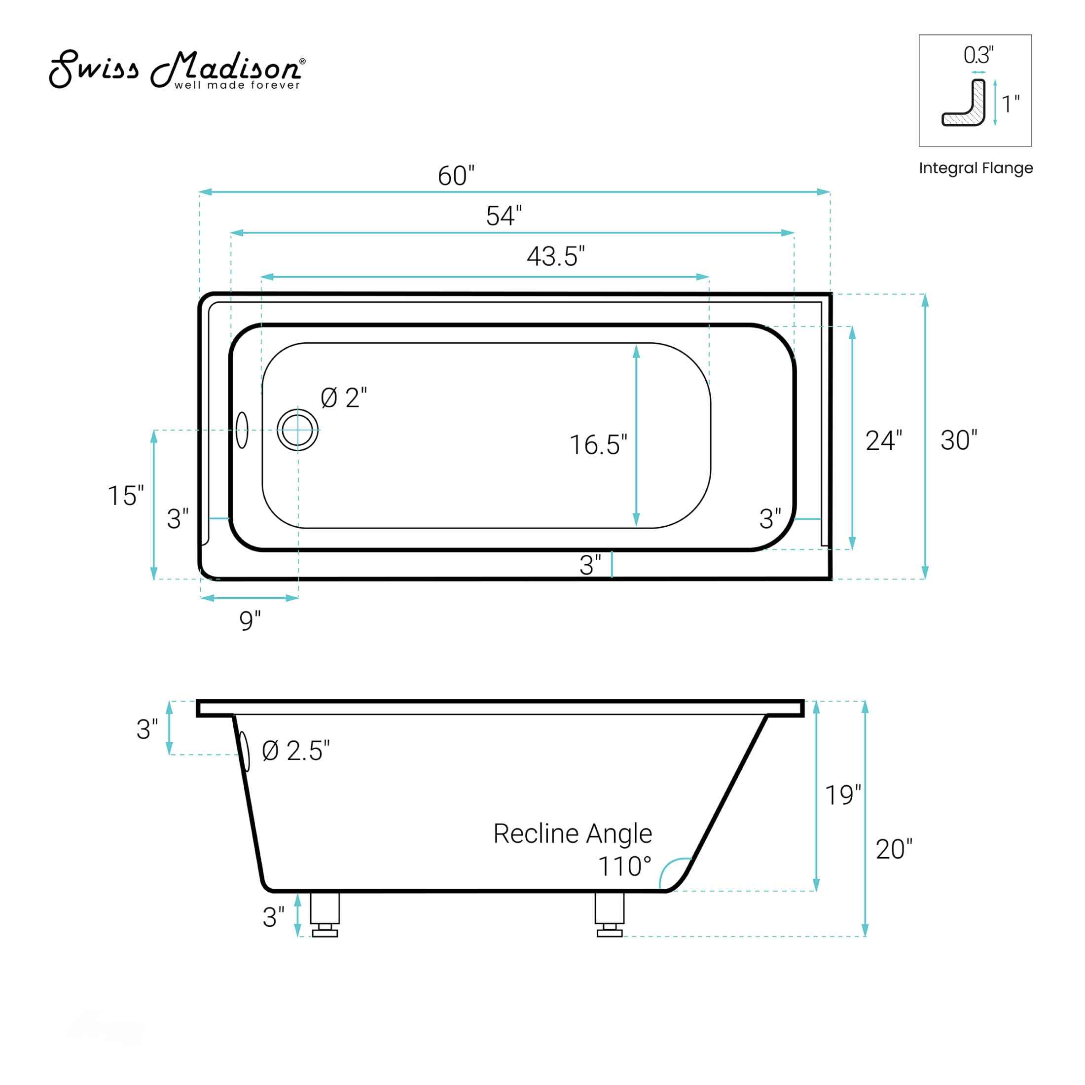 Voltaire 60" x 30" Left-Hand Drain Alcove Bathtub