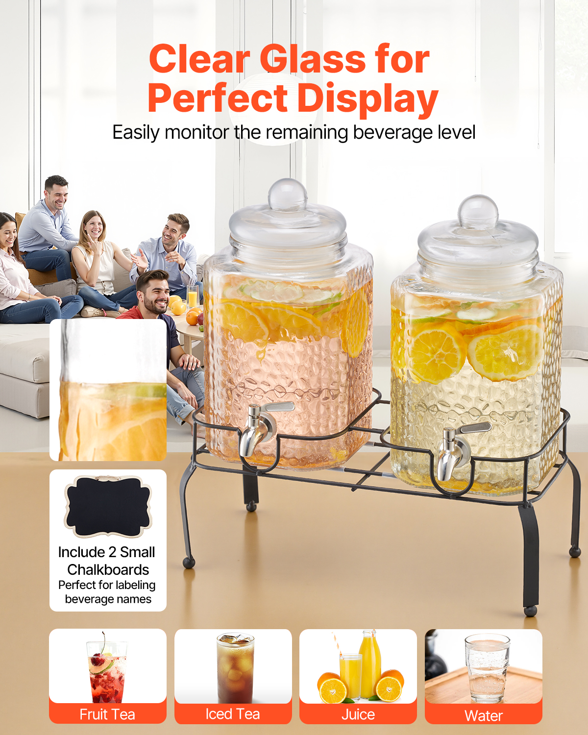 VEVOR Beverage Dispenser, 2 Pack 1.5 Gallon Drink Dispensers for Parties, Glass Juice Dispenser with Metal Stand, Stainless Steel Spigot, Iced Tea Lemonade Juice Water Dispensers for Parties