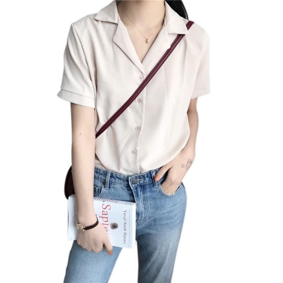 Women Solid V-Neck Short Sleeve Button Down Blouse Suit collar Shirt