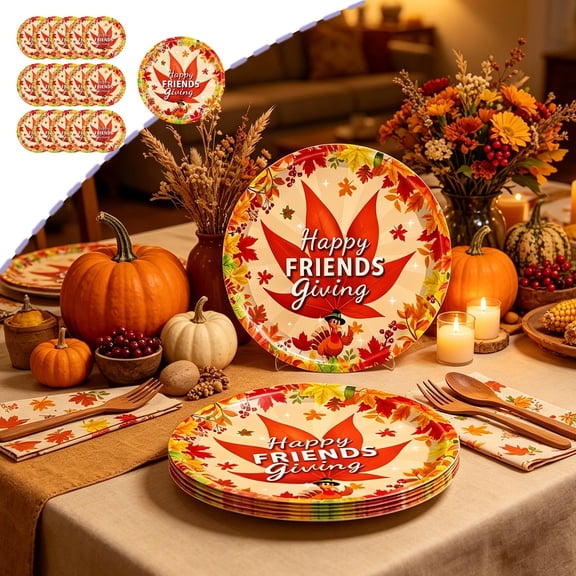 YingYouFu 16PC Happy Friendgiving Paper Plates,7In Autumn Pumpkin Maple Leaf Theme Dessert Plate for Cake Pizza Disposable Party Decoration Supplies for Friendsgiving Thanksgiving Party Supplies