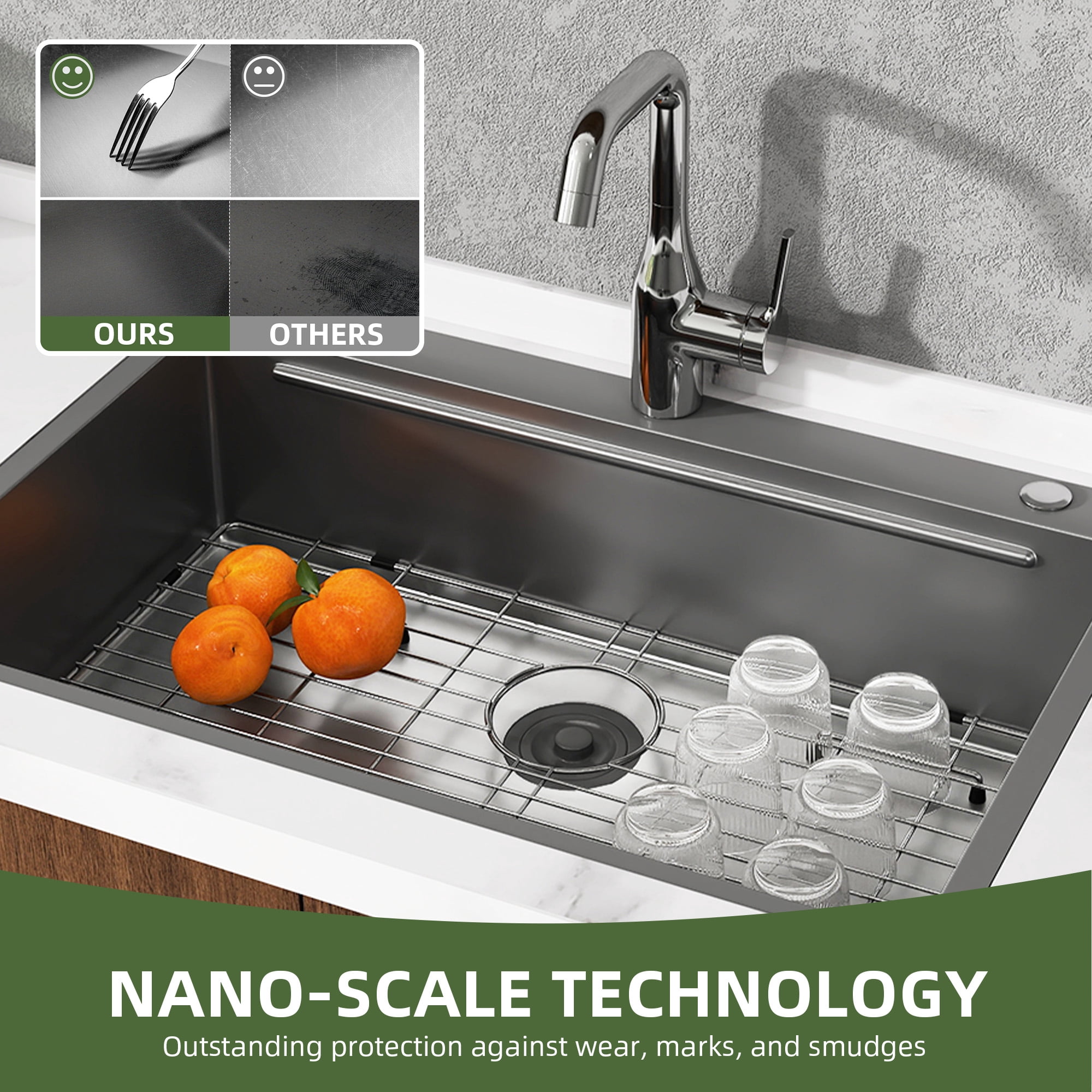 Uforic 33" Drop-In Black Stainless Steel Kitchen Sink, Single Bowl, Top Mount with Bottom Grid