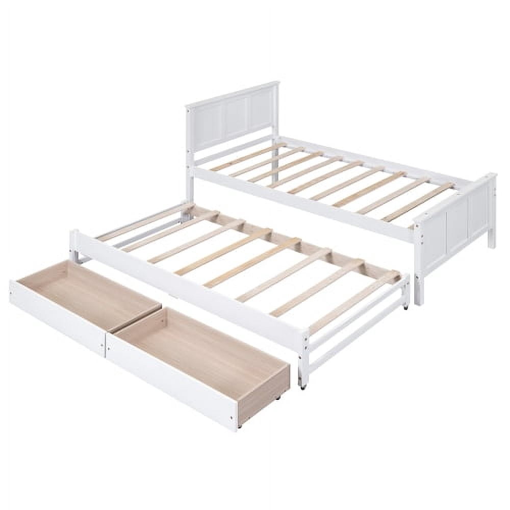 Yoneston Twin Size Platform Bed with Trundle and 2 Drawers, Space-Saving Storage Daybed for Kids Guests, White