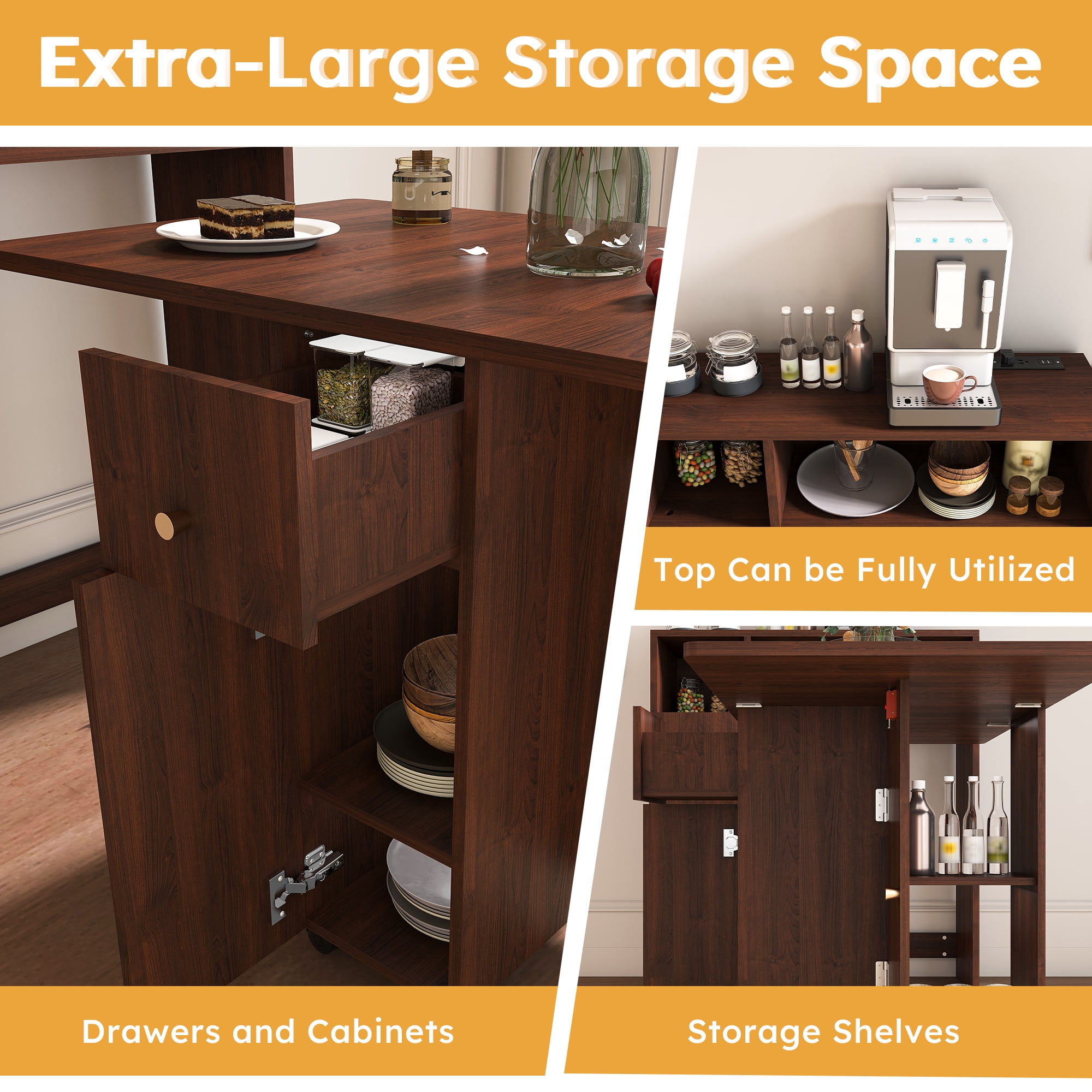 Aukfa Folding Dining Table for 4, Kitchen Extendable Table with Wall-Mounted Sideboard & Power Outlet for Small Apartments,Walnut