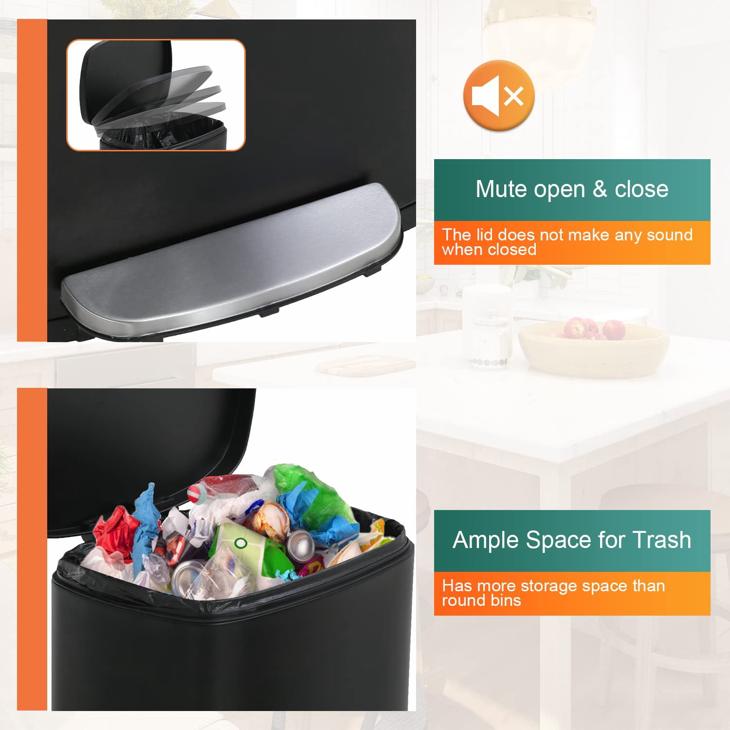 13 Gallon Trash Can Kitchen Trash Can Soft Close Lid Garbage Can with Lid Stainless Steel Trash Bin Hands-Free Footed Garbage Bin for Kitchen Bathroom Wateproof Trashcan, Black