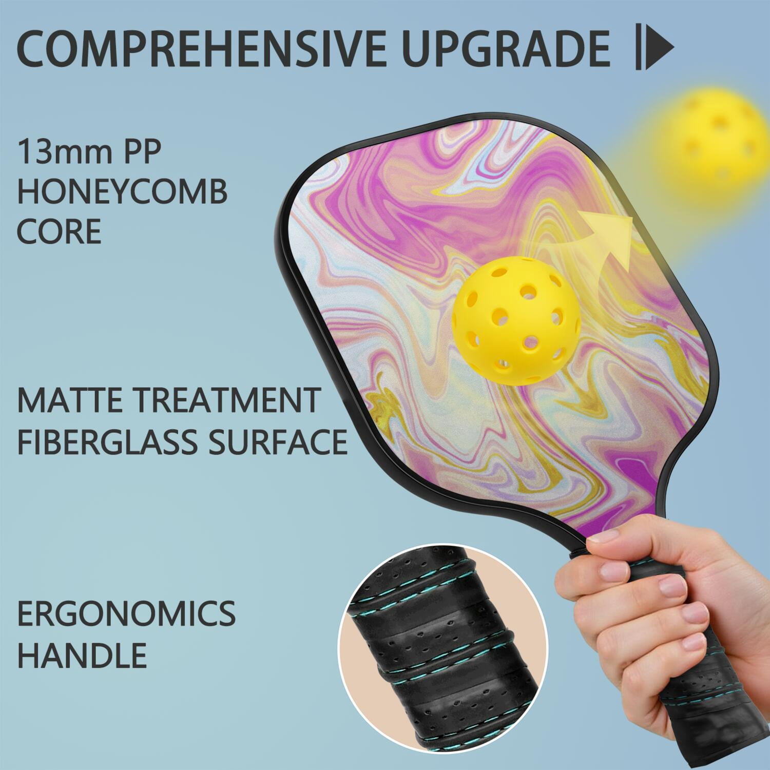 Pickleball Paddles Set Of 1, Fiberglass Surface, Liquid & Marble Print, 1 Paddles, 2 Balls & Bag