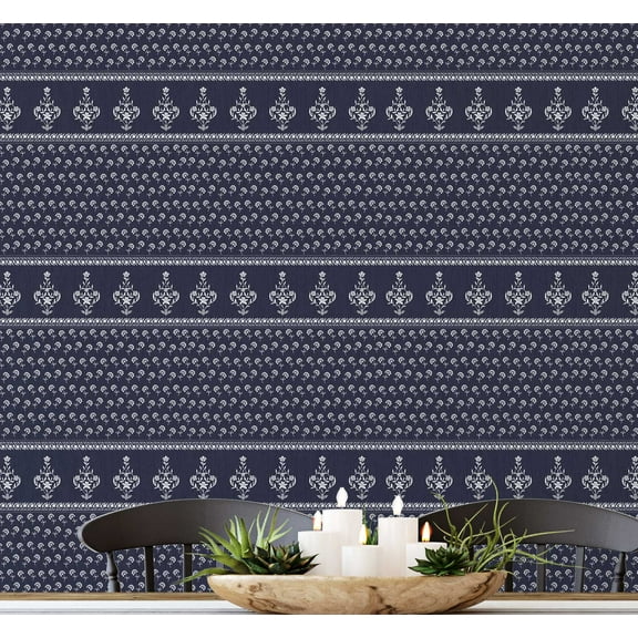 S4Sassy Dabu Stripe Floral Wallpaper - Asian Style Wall Covering, 25" x 360" Self-Adhesive Wallpaper, Decorative Wall Wrap, Easy DIY Decor For Bedroom, Living Room, Living Spaces - Blue