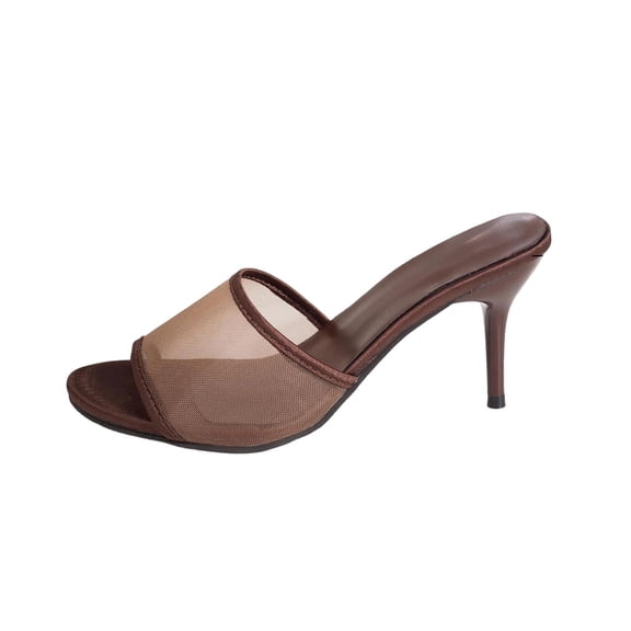 Gpaecead Women's Mesh Stiletto High Heel Mules Open Toe Breathable Slip On Summer Dressy Evening Party Shoes, Brown