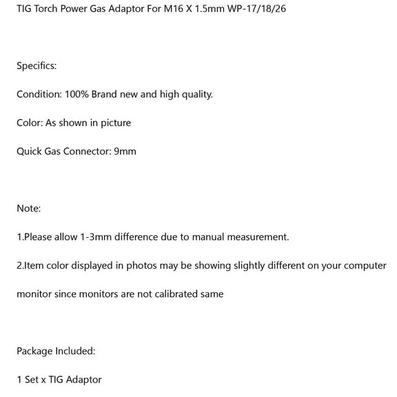 Tig Torch Power Gas Adaptor 35-50 12Mm M10 Gas For X 1.5Mm Wp-17/18/26